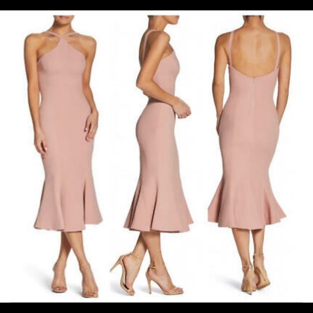 DRESS the POPULATION Pink Halter Fluted Tessa Stretch Crepe Midi Mermaid